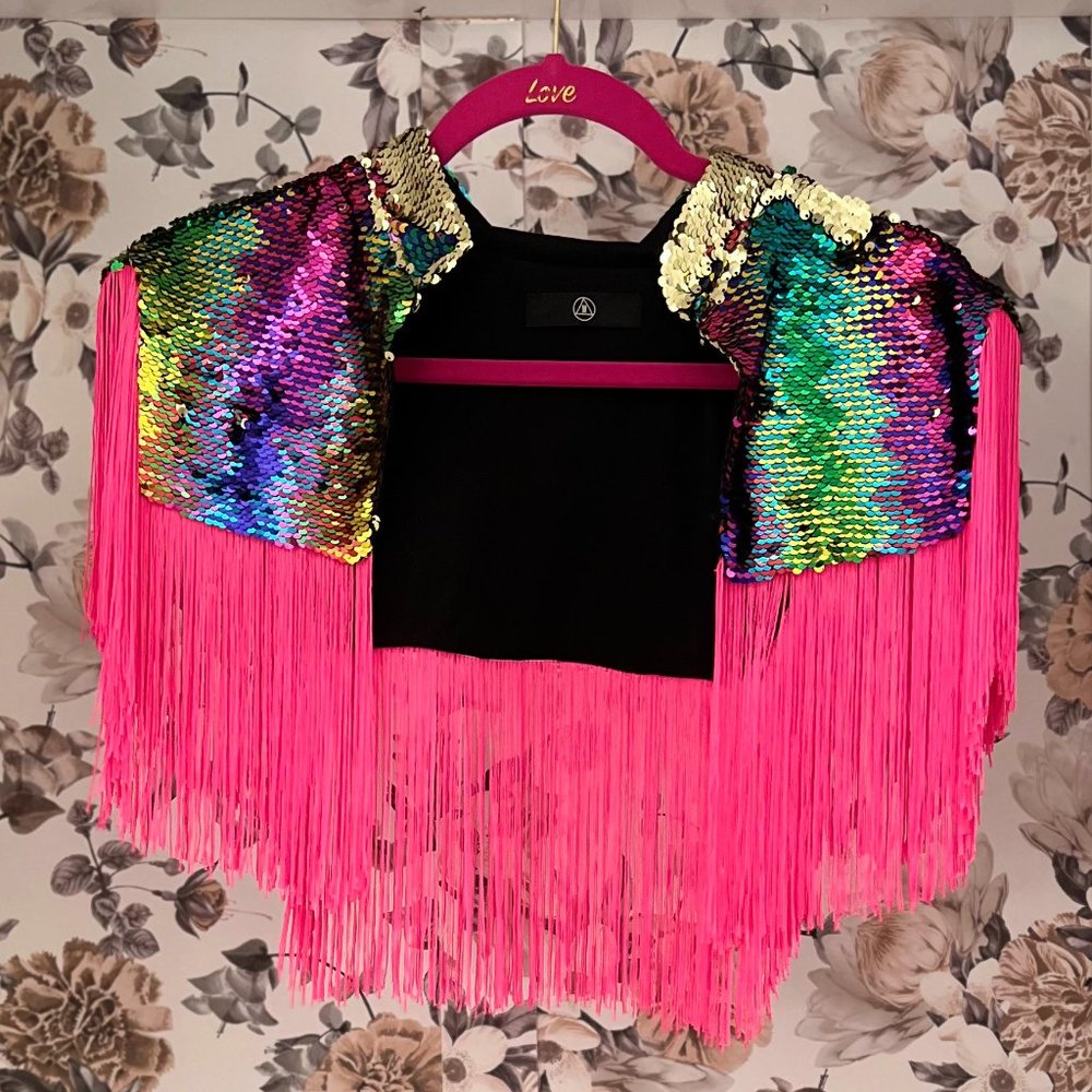 Missguided Double Sided Sequin Cape, with Hot Pink Tassels